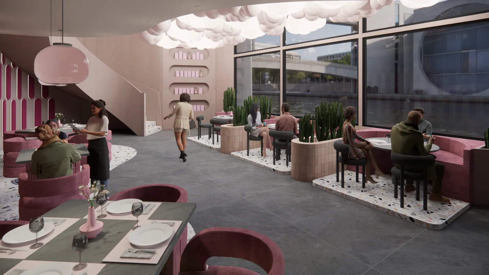 Dining room along the glazed frontage, under the cloud pendants