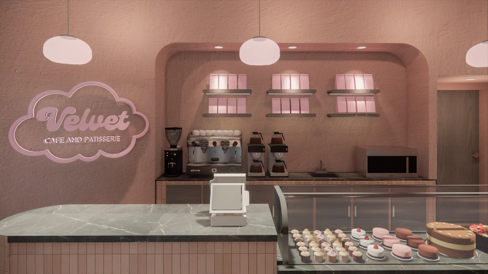 Order counter with the Velvet signage and pastry display