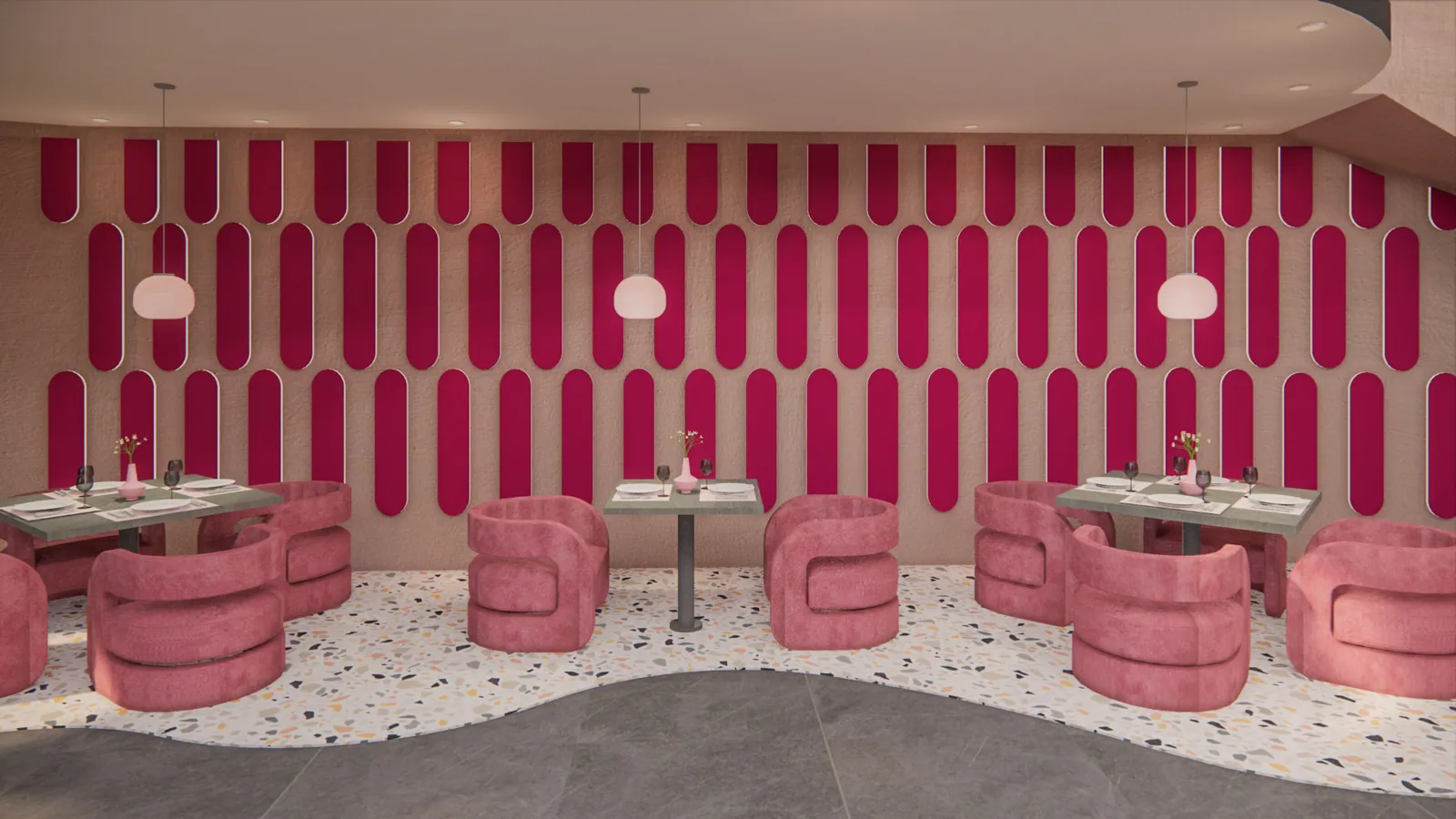 Banquette wall with red fluted panels over a terrazzo floor