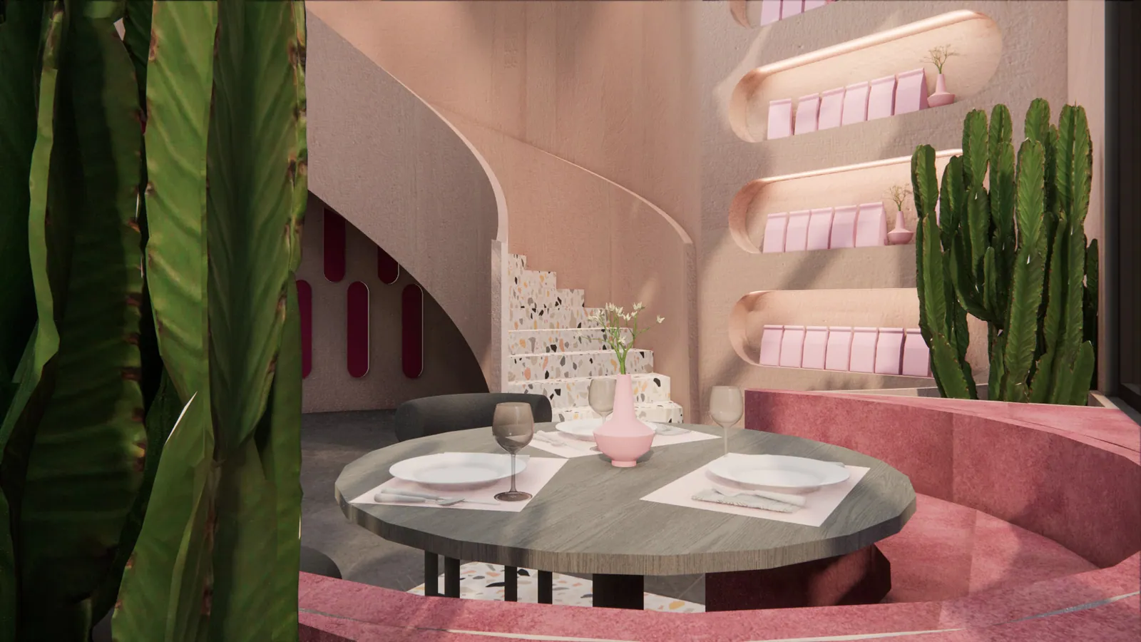 Curved banquette corner beside the stair