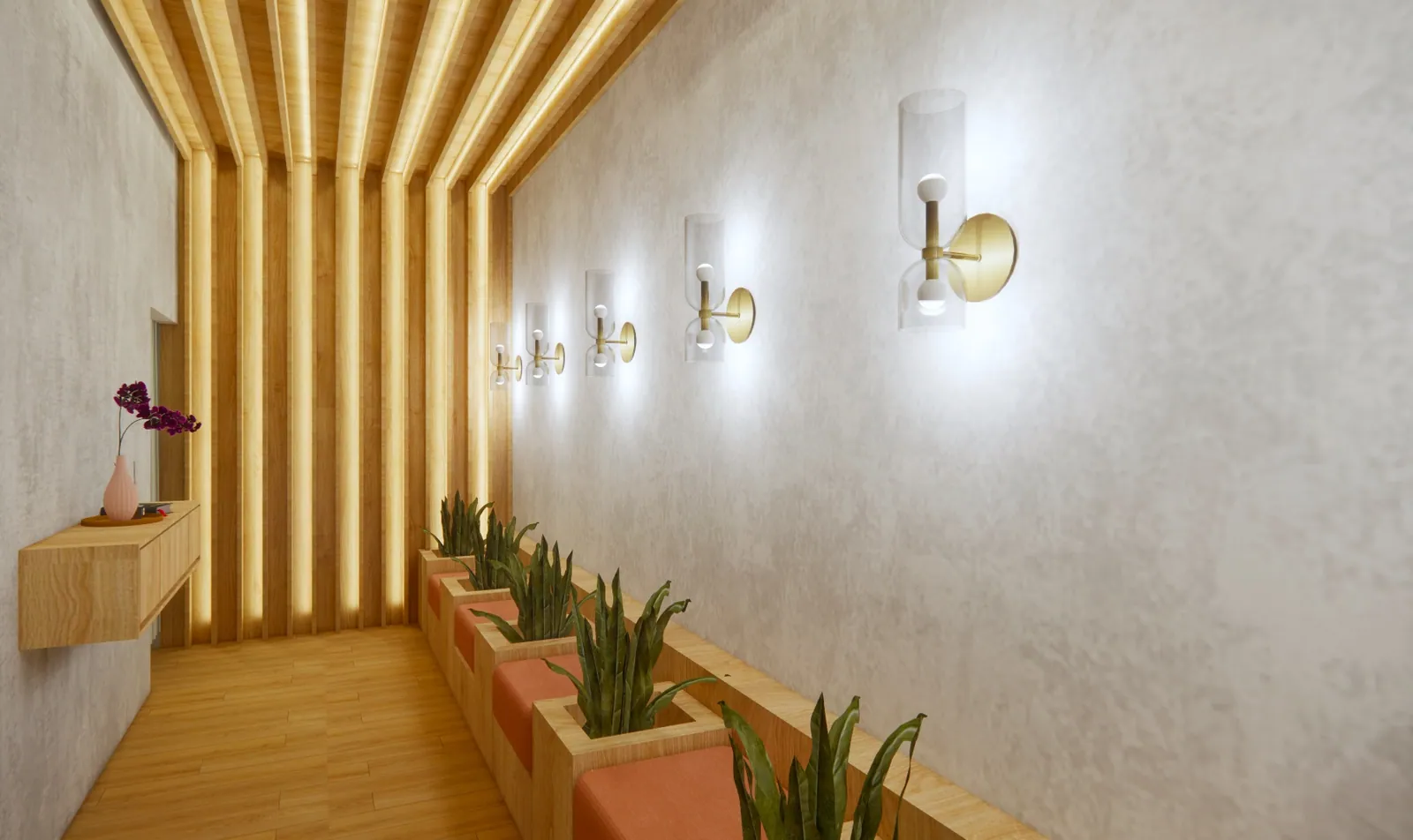 Corridor with timber slats and wall sconces