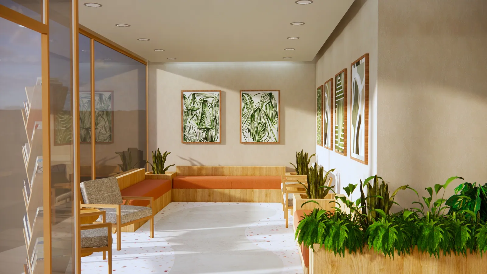Lounge with built-in bench seating and planters