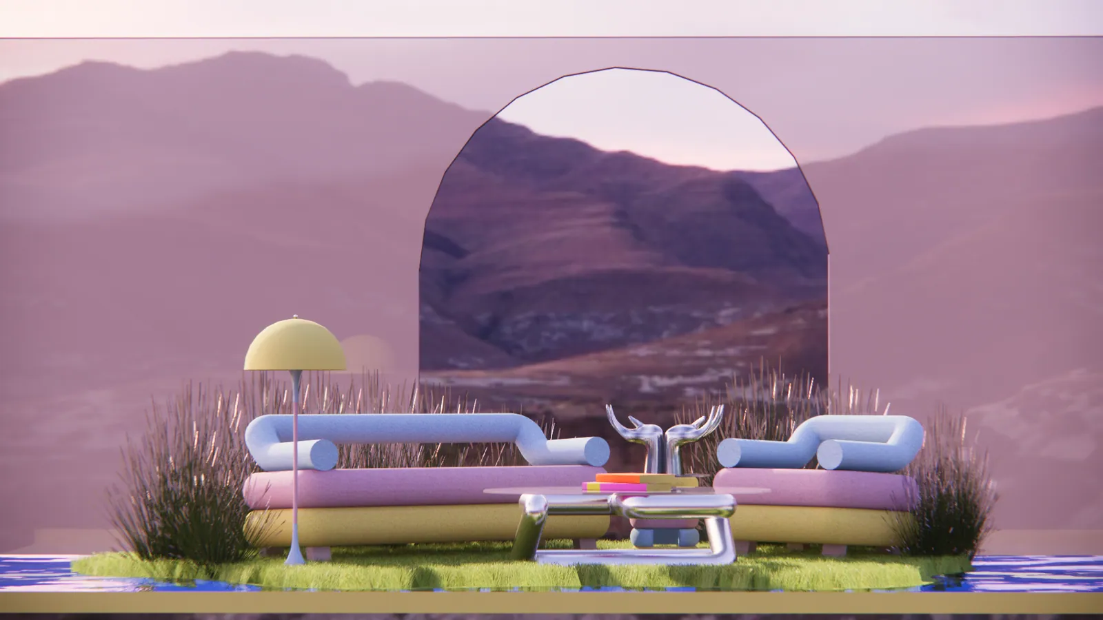 Sofa and lounge chair staged outdoors against an arched wall