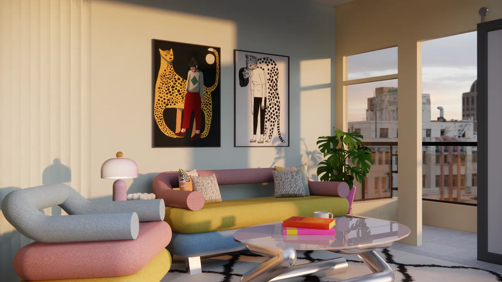 The set in a living room, with the glass coffee table