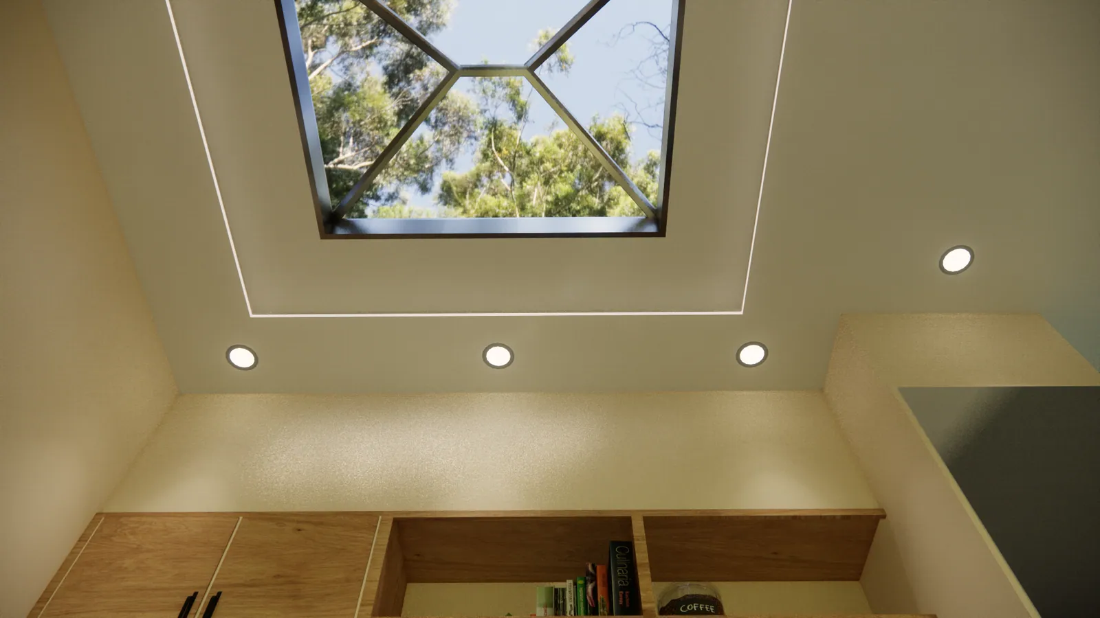 Skylight and recessed lighting over the storage wall