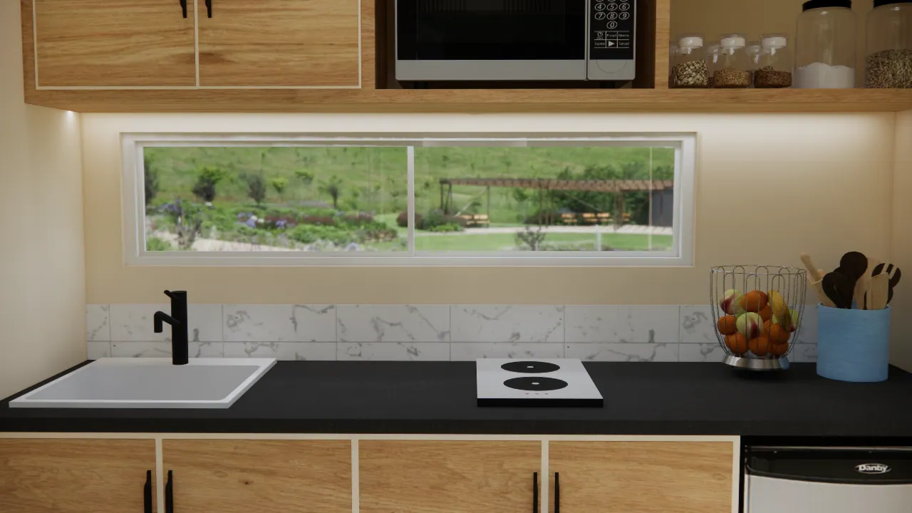 Kitchen counter with a strip window at eye level