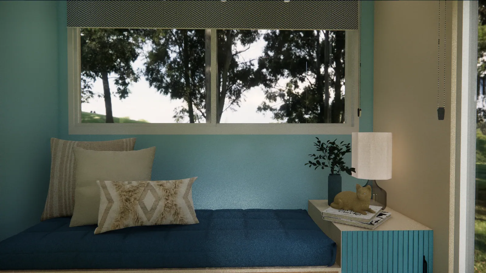 Window daybed with cushions and a side table