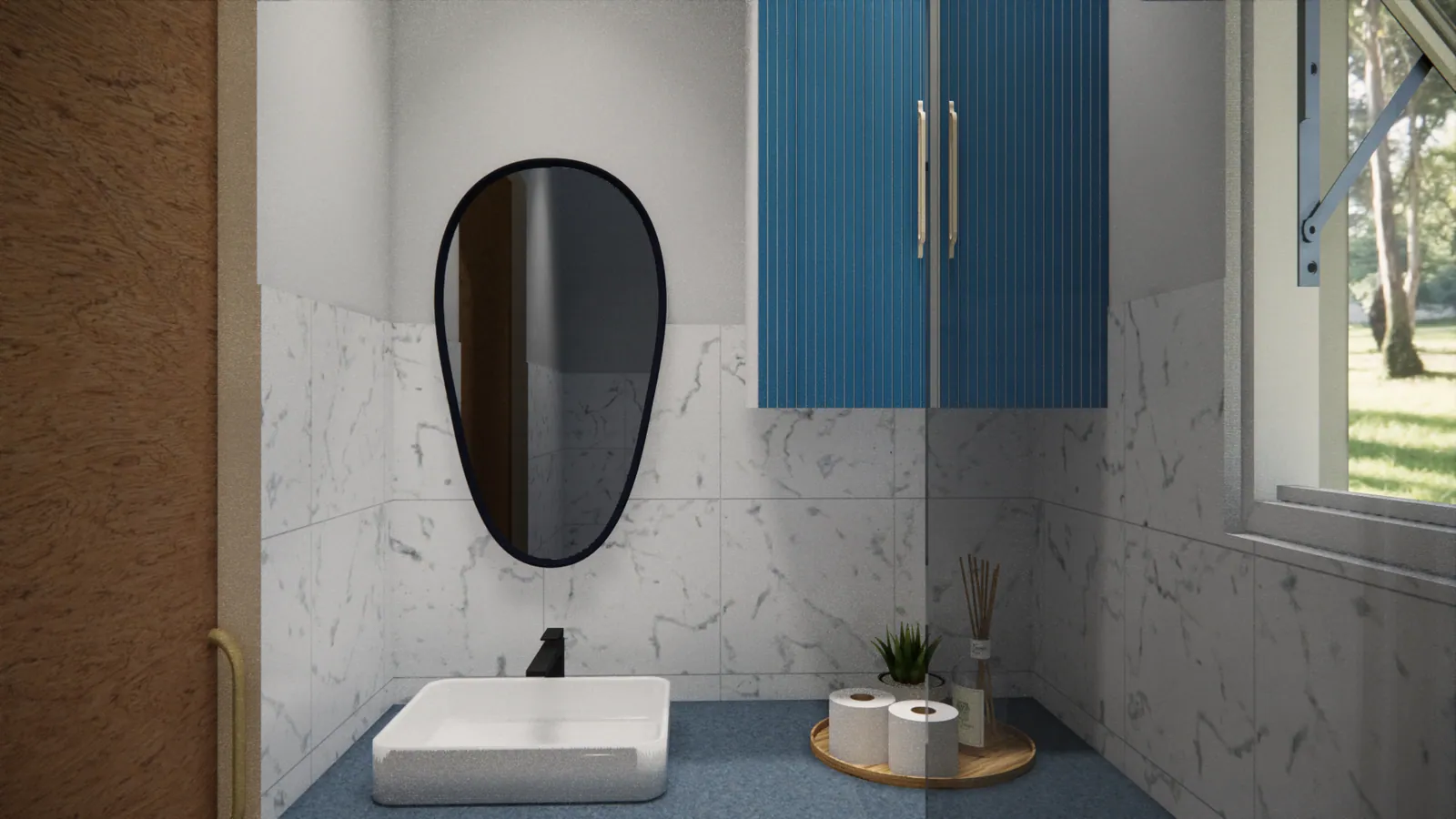 Bathroom vanity with blue fluted cabinetry