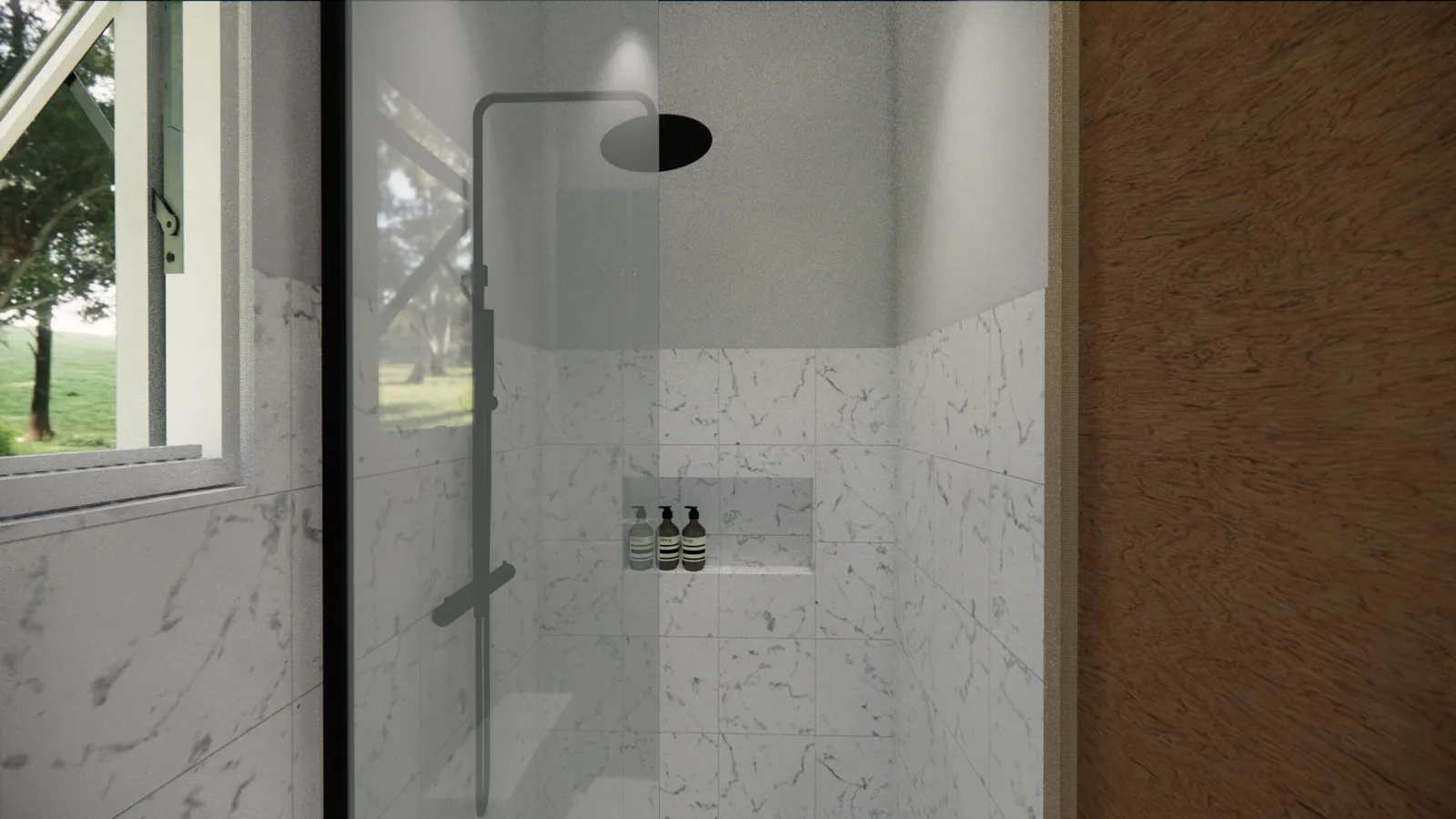 Shower with marble-look wall tiles